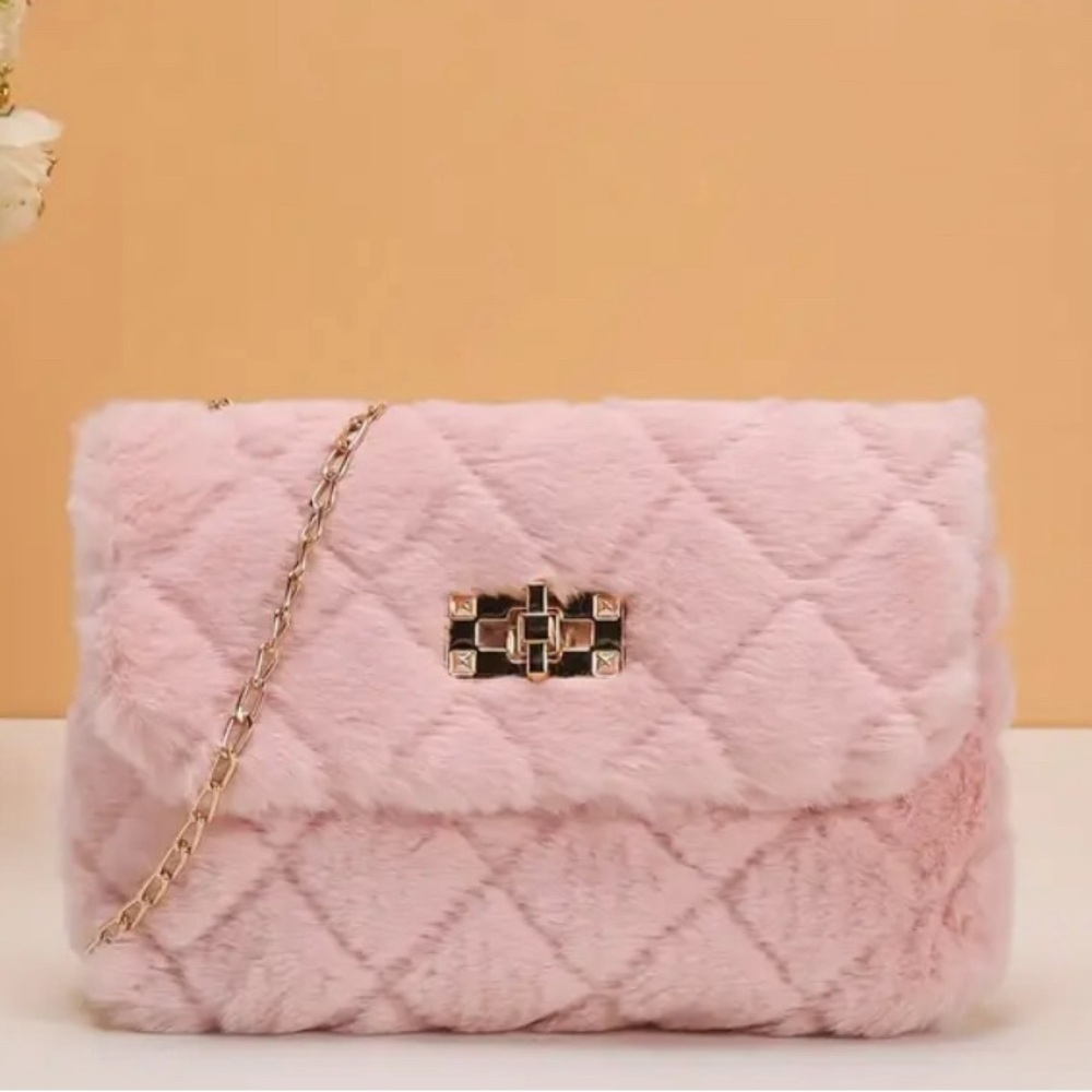 Pink Quilted Fashion Faux Fur Shoulder Bag